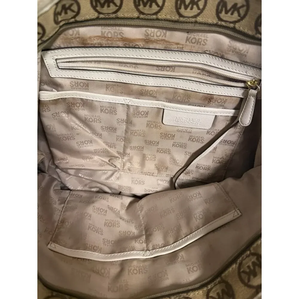 MICHAEL KORS SIGNATURE SHOULDER TOTE GOLDEN ZIPPED WHITE LEATHER TRIM 17x11
